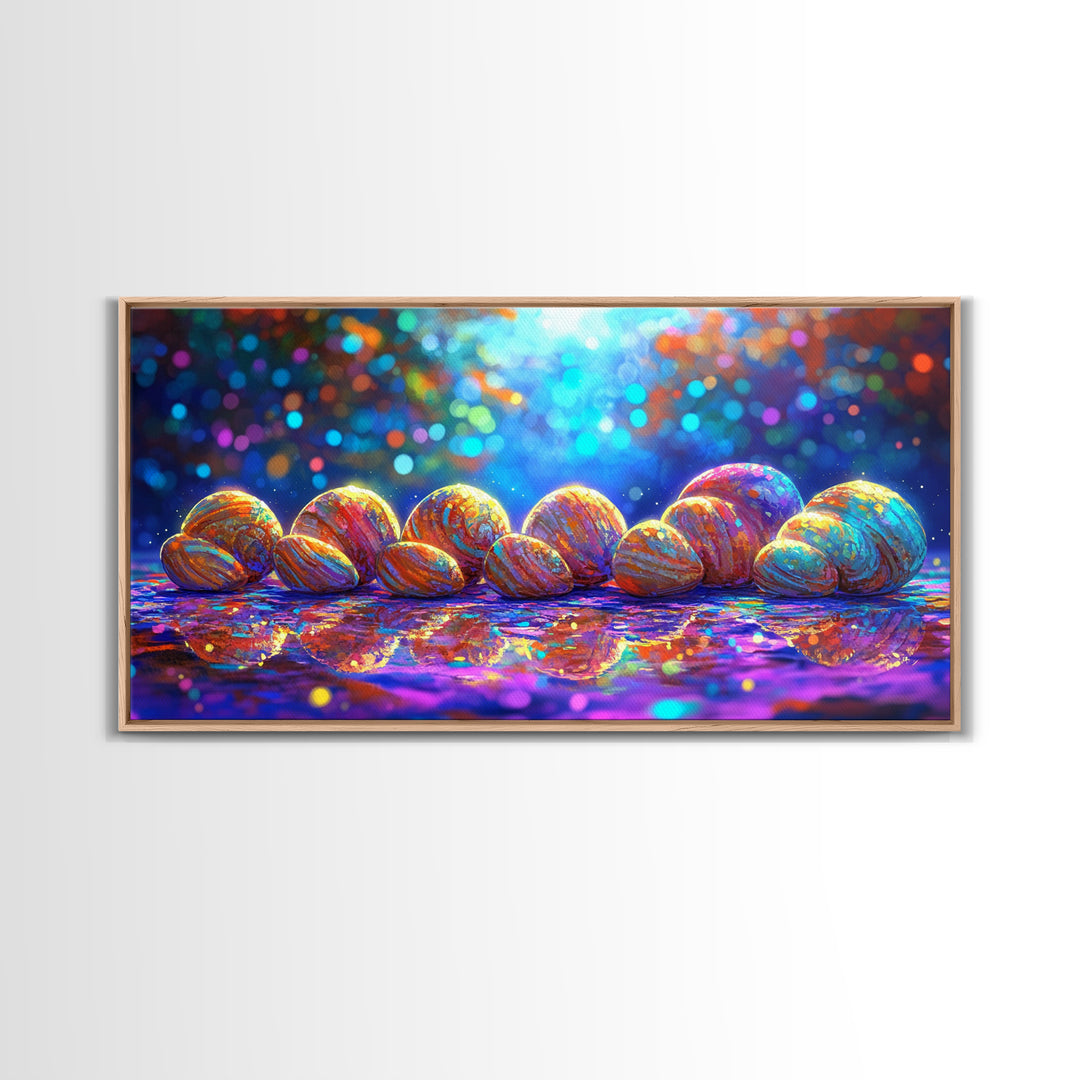 Rainbow Seashells On Shore Wall Art, Coastal Canvas Print, Beach House Decor, Ocean Nursery Art, Nautical Bathroom Decor Gift