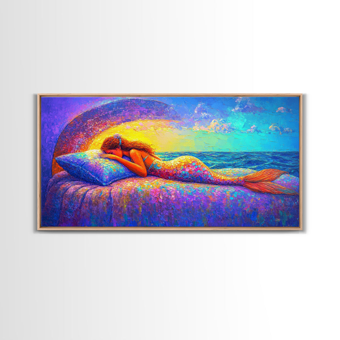 Sleeping Mermaid By Ocean Window Framed Canvas Print, Fantasy Wall Art, Coastal Bedroom Decor, Beach House Decor Gift For Her