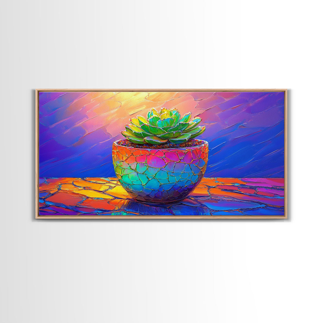 Mosaic Succulent In Rainbow Ceramic Pot Framed Canvas Print, Botanical Wall Art, Colorful Home Decor, Boho Plant Art Gift