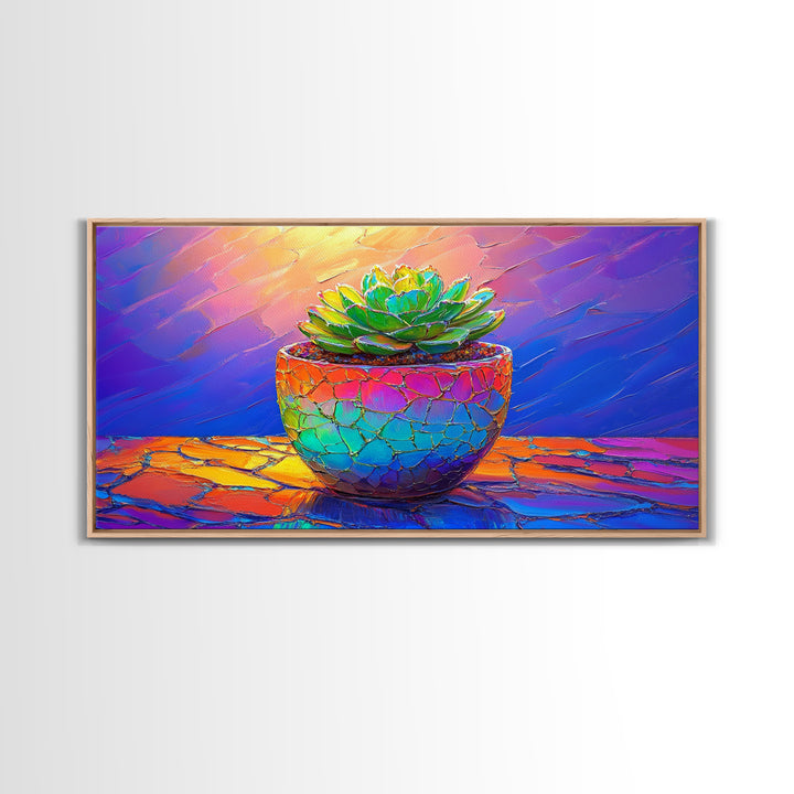 Mosaic Succulent In Rainbow Ceramic Pot Framed Canvas Print, Botanical Wall Art, Colorful Home Decor, Boho Plant Art Gift