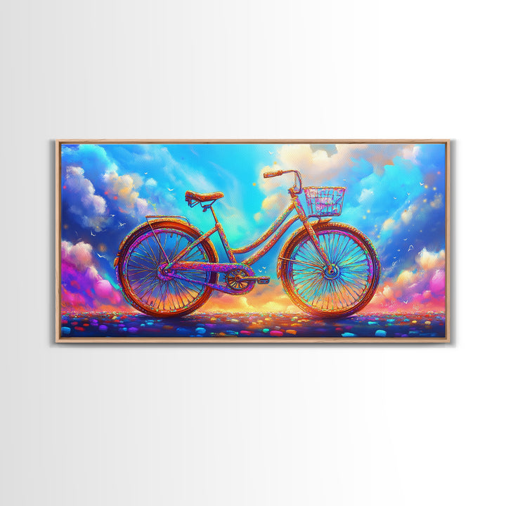 Rainbow Cruiser Bicycle Under Dreamy Clouds Canvas Print, Whimsical Wall Art, Kids Room Decor, Colorful Nursery Art Gift