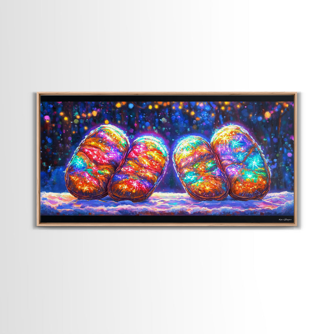 Glowing Rainbow River Stones Under Fairy Lights Canvas Print, Whimsical Wall Art, Dopamine Decor, Colorful Abstract Art Print