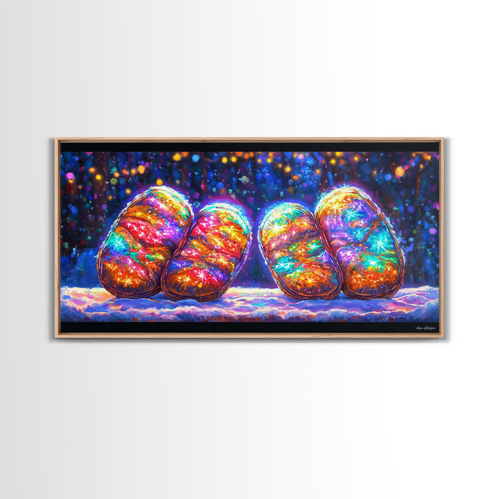 Glowing Rainbow River Stones Under Fairy Lights Canvas Print, Whimsical Wall Art, Dopamine Decor, Colorful Abstract Art Print
