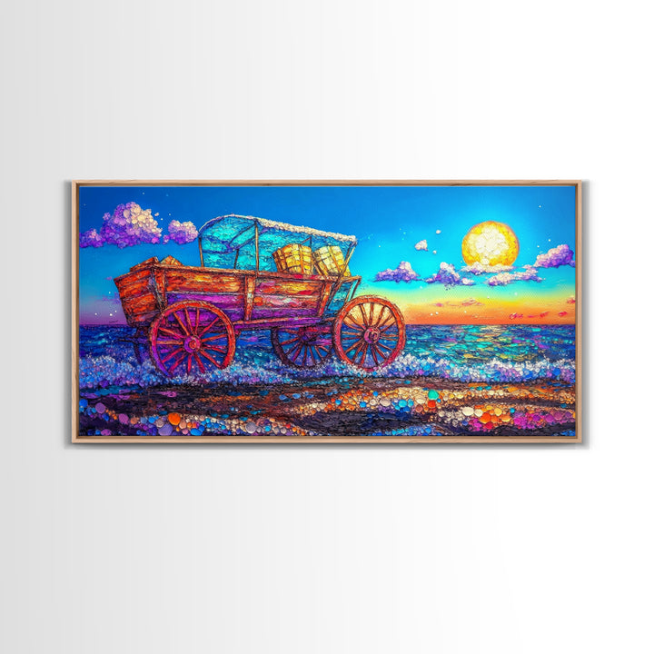 Rustic Wooden Wagon By Moonlit Ocean Wall Art, Coastal Farmhouse Decor, Country Landscape Art, Beach House Decor Gift For Her