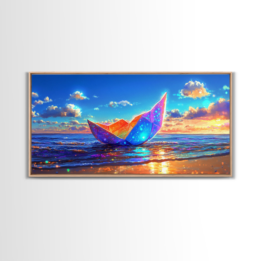 Glowing Origami Paper Boat At Sunset Canvas Print, Coastal Wall Art, Ocean Wall Art, Beach House Decor, Modern Seascape Art