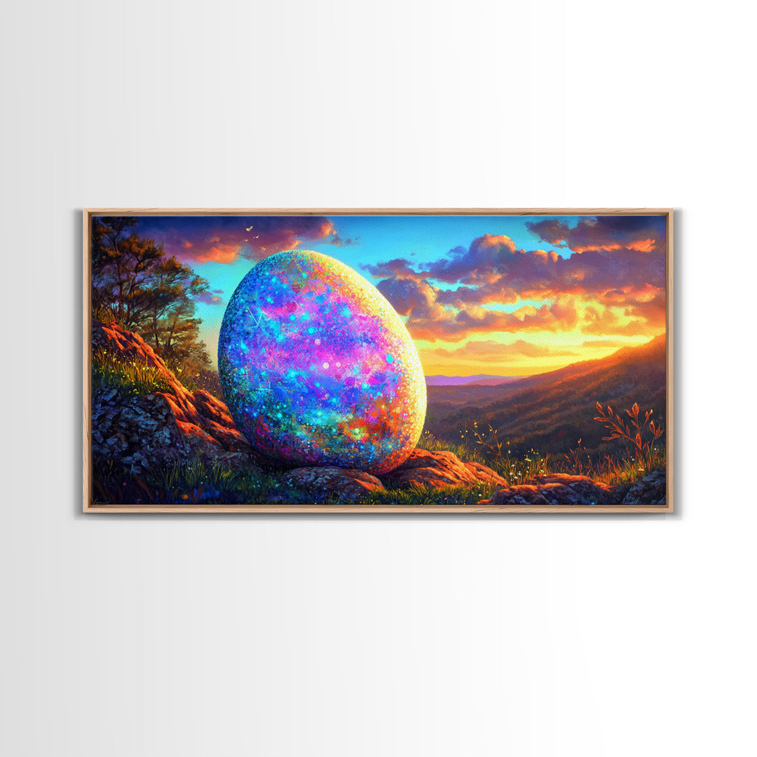 Glittering Easter Egg Mountain Sunset Canvas Print, Whimsical Wall Art, Spring Decor, Fantasy Landscape, Colorful Wall Art