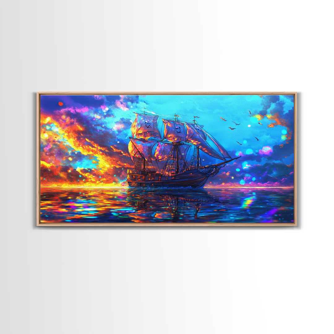 Tall Sailing Ship At Fiery Sunset Framed Canvas Print, Nautical Wall Art For Coastal Decor Ocean Wall Decor And Seascape
