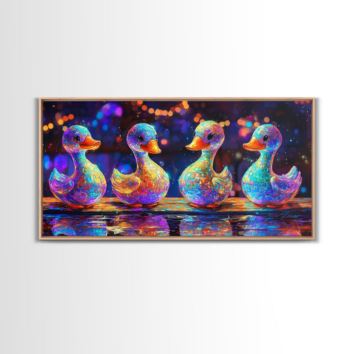 Four Rainbow Rubber Ducks In A Row Canvas Print, Whimsical Animal Wall Art For Bathroom Decor And Kids Room Decor Gift Idea