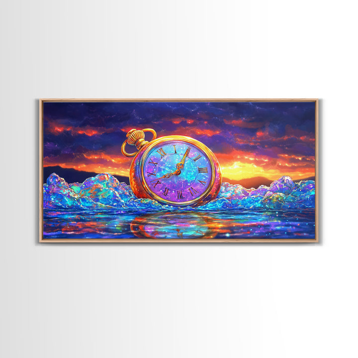Golden Pocket Watch In Icy Sea Framed Canvas Print, Surreal Wall Art, Steampunk Decor, Time Traveler Fantasy Art Home Decor Gift