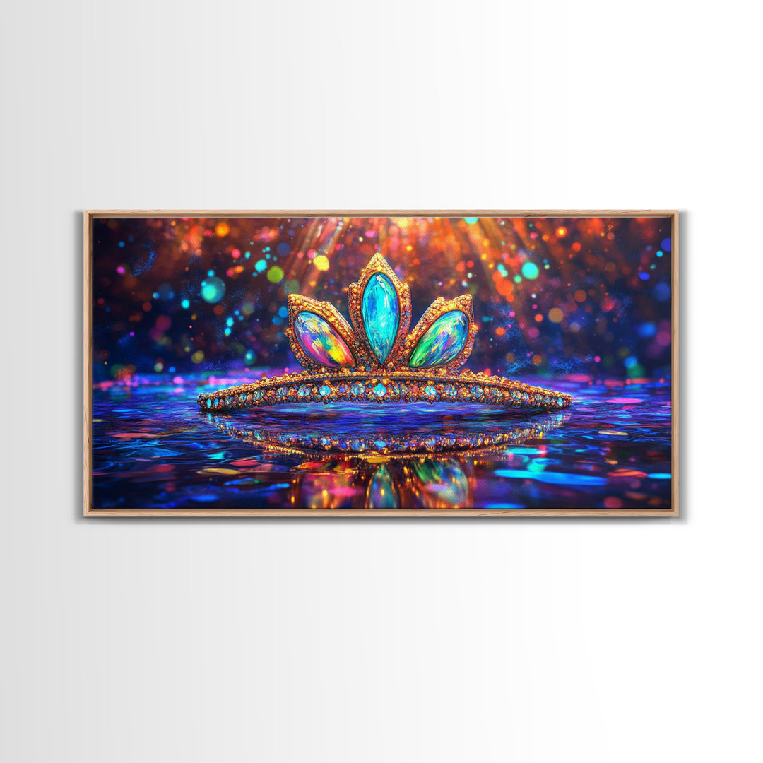 Jeweled Tiara With Rainbow Reflections Framed Canvas Print, Princess Wall Art, Glam Wall Decor, Feminine Gift For Her, Bedroom Decor