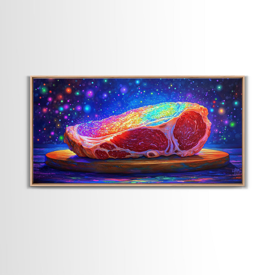 Rainbow Steak On Wooden Board Canvas Print, Bold Food Wall Art, Kitchen Decor, Restaurant Poster, Gift For Chef Or Foodie