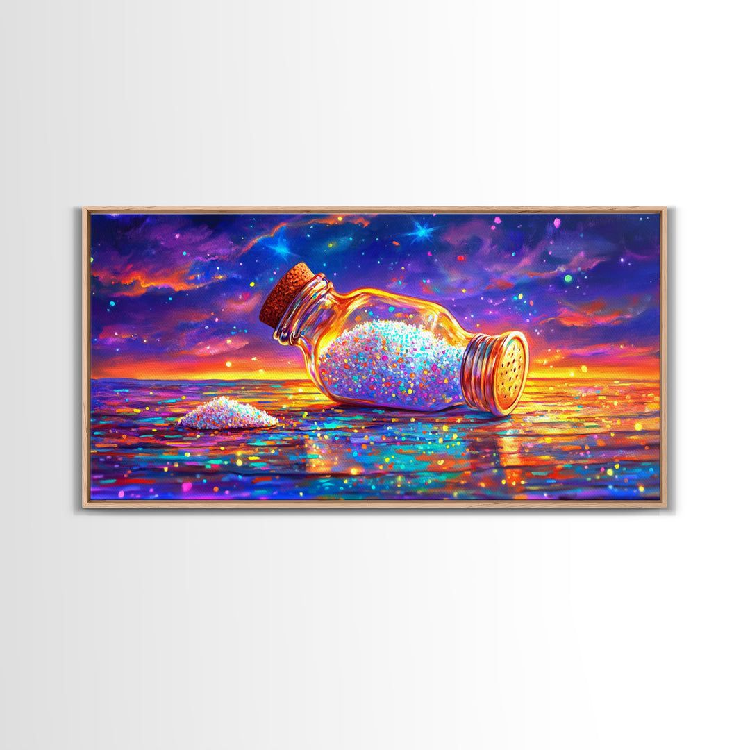 Sparkling Salt Bottle At Sunset Canvas Print, Coastal Kitchen Wall Art, Colorful Seascape Decor, Foodie Housewarming Gift