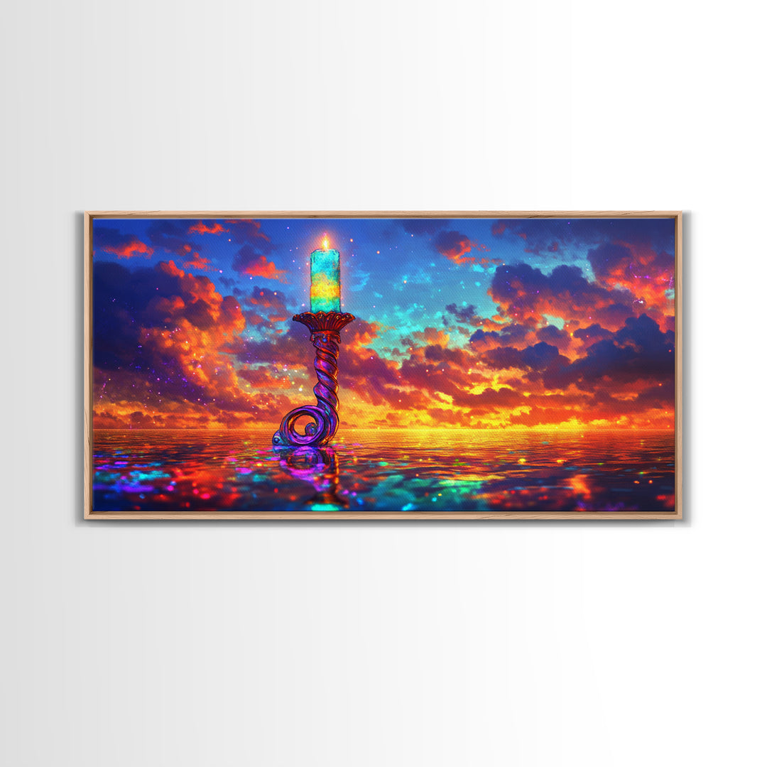 Glowing Candle Over Sunset Ocean Wall Art, Coastal Seascape Painting, Spiritual Home Decor, Calming Living Room Wall Decor