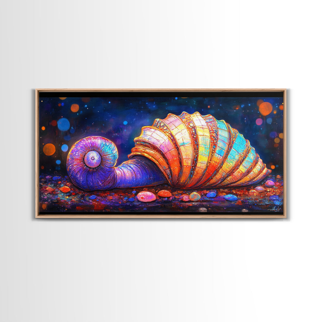 Glowing Spiral Seashell On Pebble Shore Canvas Print, Nautical Coastal Wall Art, Beach House Decor, Ocean Life Art Print