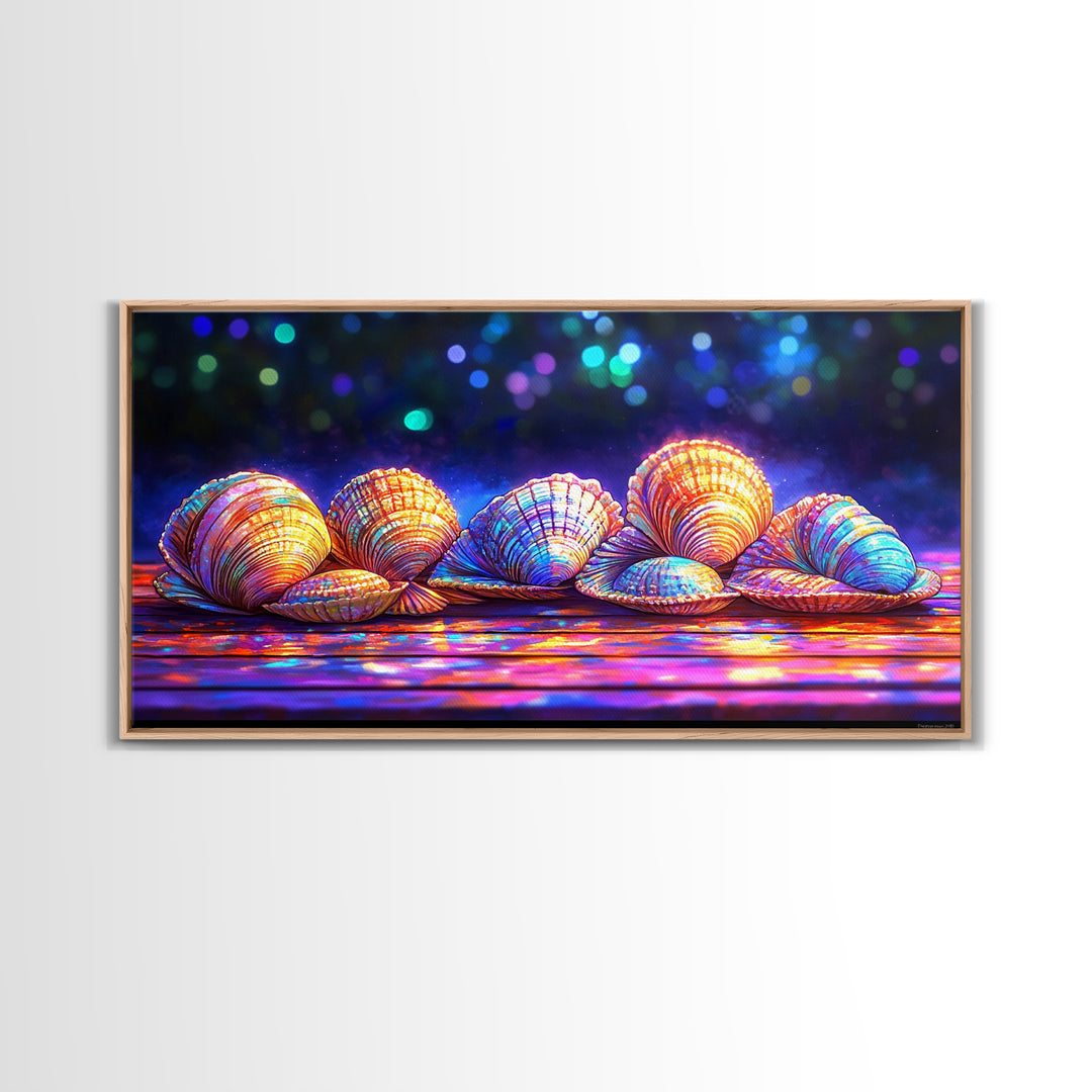 Glowing Clam Shells On Neon Table Canvas Print, Colorful Coastal Wall Art, Beach House Decor, Nautical Gallery Wall Art