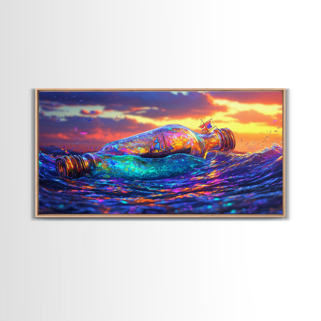 Tiny Ship In Glass Bottle Riding Ocean Waves Wall Art, Nautical Seascape Decor, Coastal Canvas Print, Travel Gift For Him
