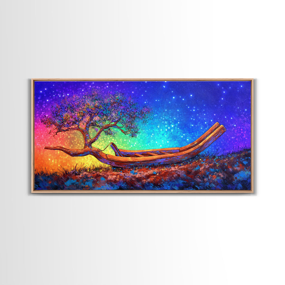 Wooden Canoe With Tree Under Stars Canvas Print, Whimsical Wall Art, Nature Wall Decor, Celestial Art, Unique Gift, Home Decor