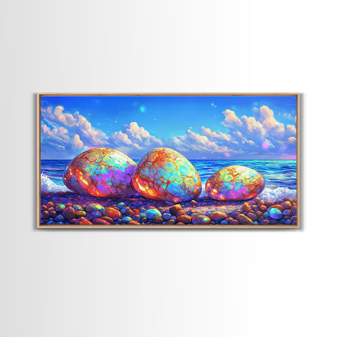 Iridescent Pebbles On Sunny Beach Canvas Print, Coastal Wall Art, Ocean Art Print, Beach House Decor, Colorful Nature Art
