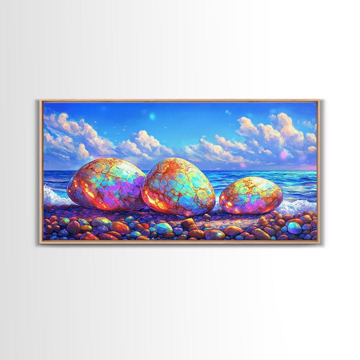 Iridescent Pebbles On Sunny Beach Canvas Print, Coastal Wall Art, Ocean Art Print, Beach House Decor, Colorful Nature Art