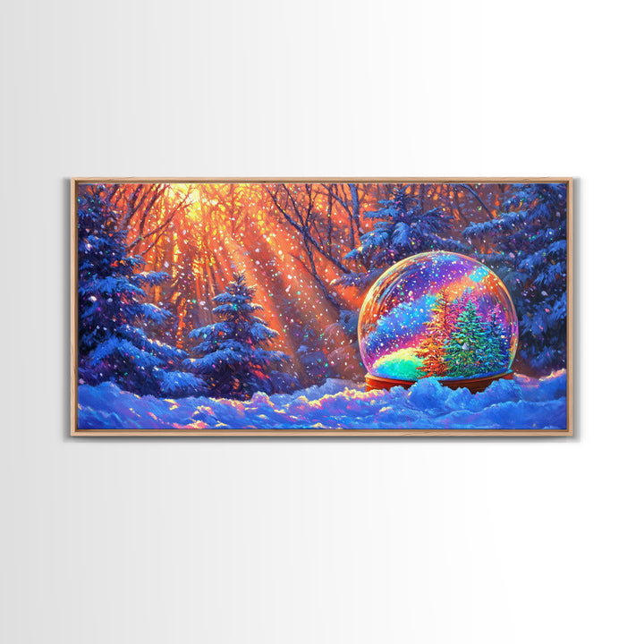 Snow Globe With Rainbow Winter Forest Wall Art, Christmas Decor, Cozy Wall Art, Winter Landscape Print, Whimsical Home Decor