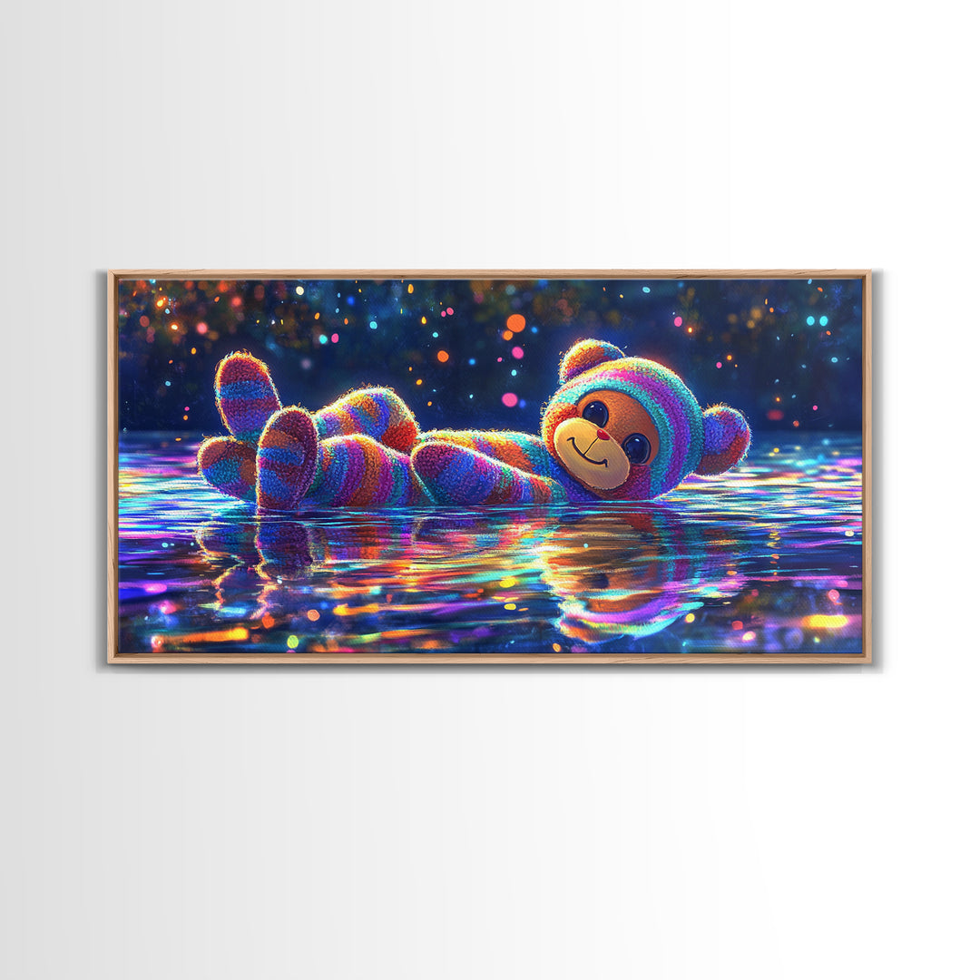 Rainbow Plush Teddy Bear On Reflective Water Wall Art, Cute Kids Room Art, Nursery Wall Art, Dopamine Decor, Baby Gift For Her