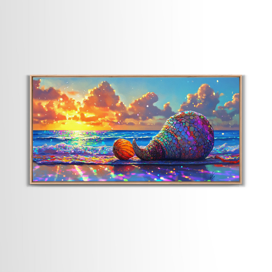 Mosaic Mermaid Tail Seashell At Ocean Sunset Canvas Print, Coastal Wall Art, Beach House Decor, Nautical Decor, Gift For Her