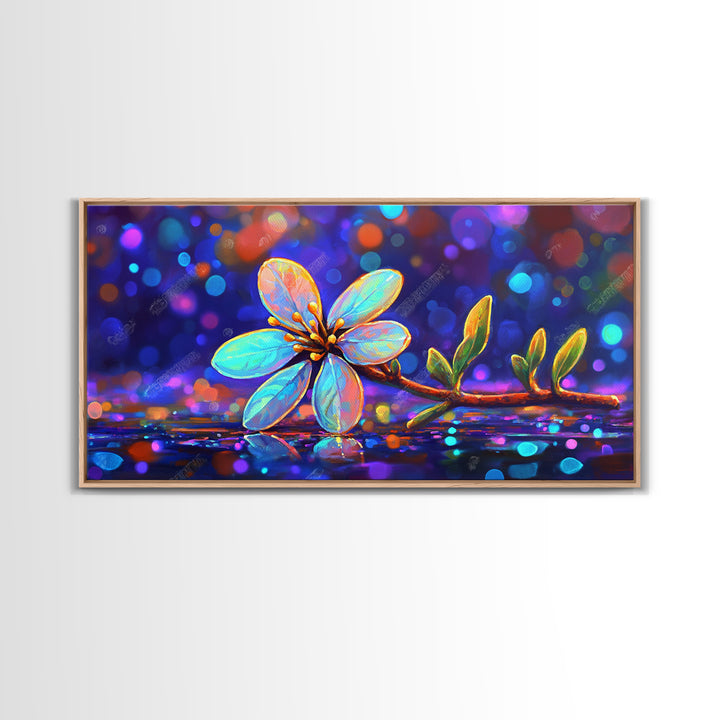 Delicate Blue Flower Branch With Bokeh Lights Canvas Print, Botanical Wall Art, Floral Wall Decor, Nature Art, Gift For Her