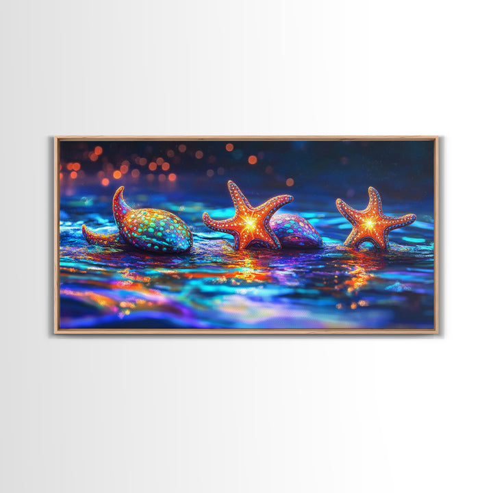 Glowing Starfish And Seashells On Neon Tide Canvas Print, Coastal Wall Art, Ocean Decor, Beach House Gift For Her, Living Room Decor