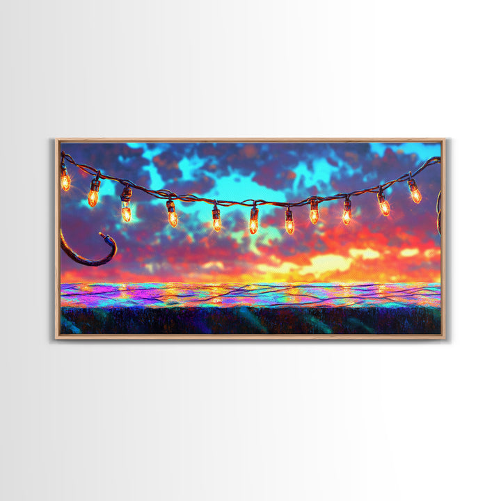 String Lights Over Sunset Patio Canvas Print, Outdoor Wall Art, Patio Decor, Rustic Home Decor, Summer Wall Decor, Gift For Her