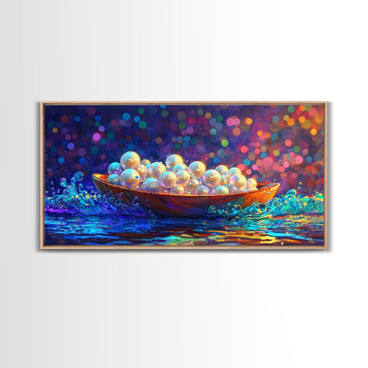 Glowing Pearls In Wooden Bowl Canvas Print, Coastal Wall Art, Ocean Decor, Elegant Bathroom Art, Luxury Home Decor, Gift For Her