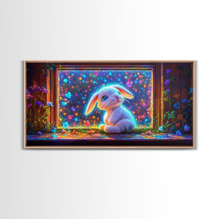 Glowing Bunny In Flower Window Canvas Print, Whimsical Wall Art, Nursery Decor, Kids Room Art, Cute Animal Gift, Baby Room Decor
