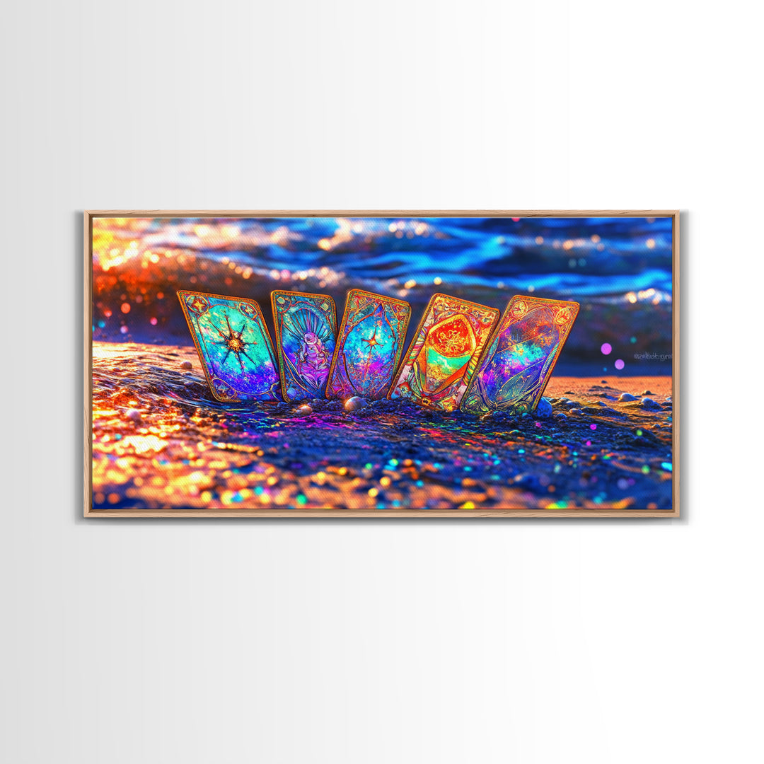 Glowing Tarot Cards On Ocean Shore Wall Art, Celestial Coastal Decor, Mystical Canvas Print, Witchy Gift For Her, Beach House Decor