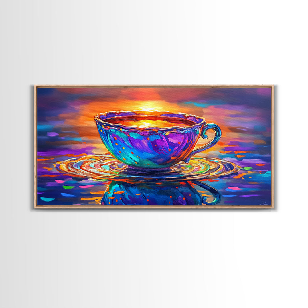 Vibrant Teacup At Sunset Reflection Framed Canvas Print, Cozy Kitchen Wall Art, Coffee Bar Decor, Gift For Tea Lover, Home Decor