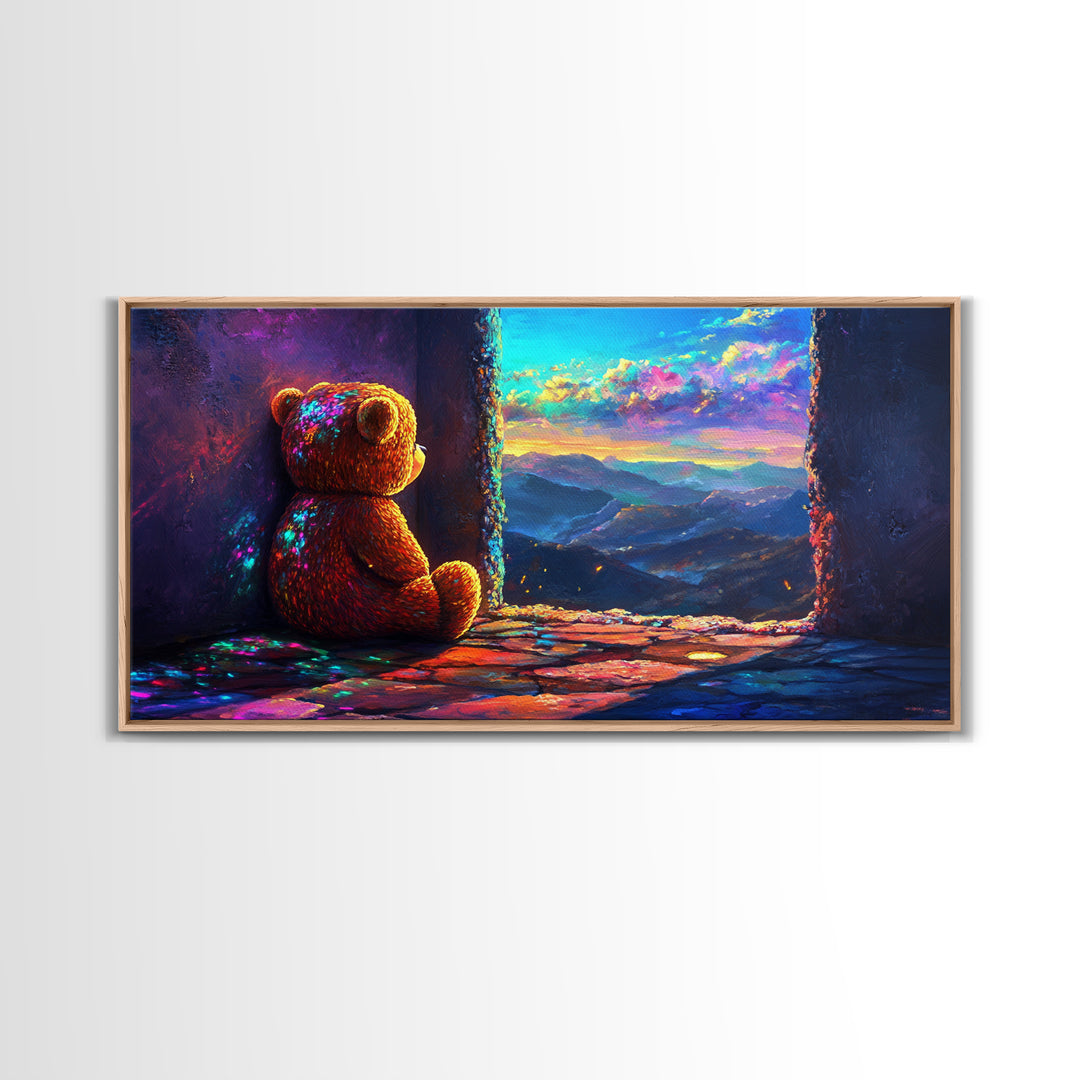 Teddy Bear Watching Mountain Sunset Wall Art, Whimsical Nursery Decor, Cozy Bedroom Canvas Print, Gift For Kids Room Wall Decor
