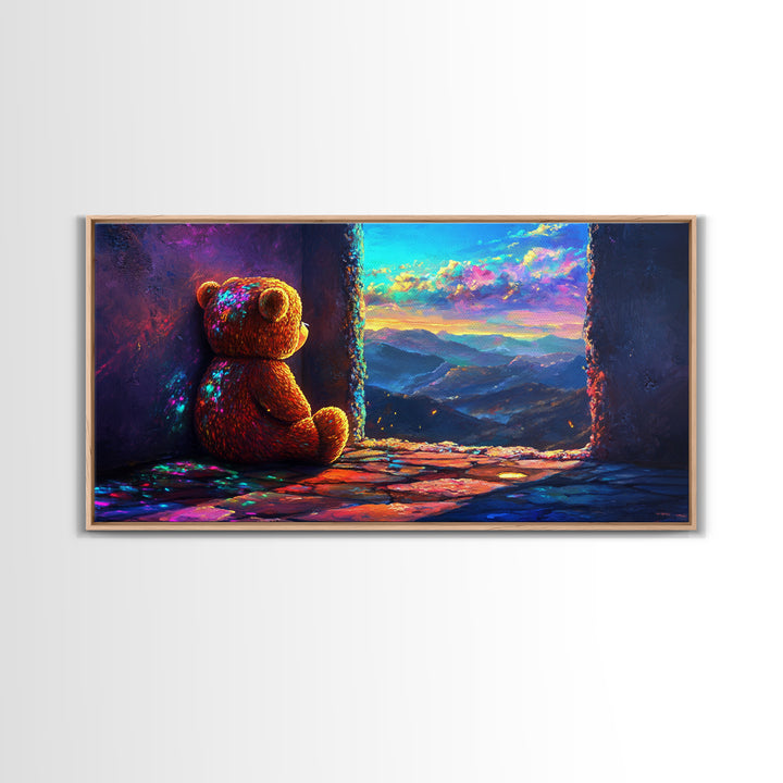 Teddy Bear Watching Mountain Sunset Wall Art, Whimsical Nursery Decor, Cozy Bedroom Canvas Print, Gift For Kids Room Wall Decor