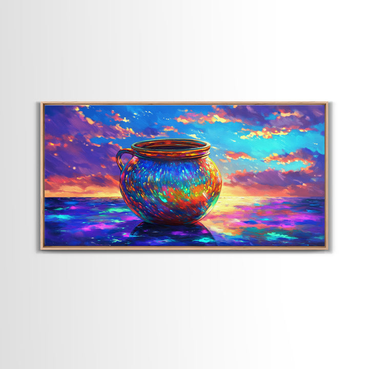 Iridescent Cauldron By Ocean Framed Canvas Print, Colorful Coastal Wall Art, Fantasy Seascape, Beach House Decor Gift Idea