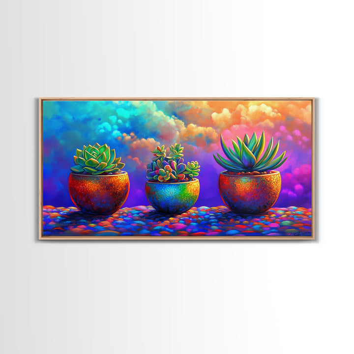 Three Rainbow Succulents Canvas Print, Colorful Botanical Wall Art, Boho Plant Decor, Living Room Art, Housewarming Gift