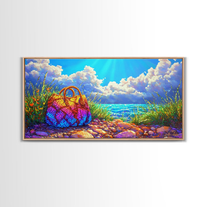 Rainbow Woven Beach Bag Wall Art, Coastal Canvas Print, Beach House Decor, Summer Ocean Art, Tropical Home Decor Gift Idea