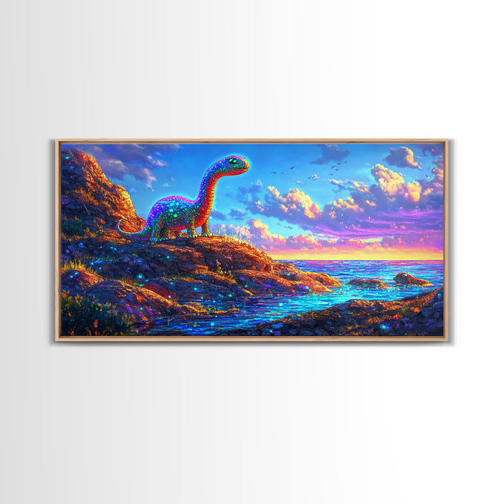 Sparkling Rainbow Dinosaur By Ocean Sunset Wall Art, Colorful Kids Room Decor, Whimsical Nursery Art, Coastal Fantasy Gift