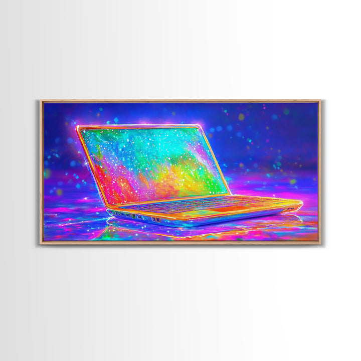 Neon Rainbow Laptop Canvas Print, Cyberpunk Office Wall Art, Tech Art, Gamer Room Decor, Futuristic Home Office Decor, Gift
