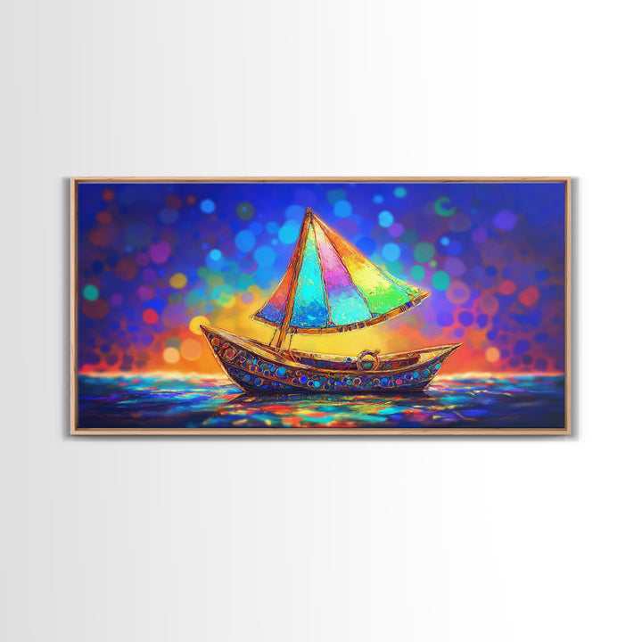 Glowing Rainbow Sailboat Canvas Print, Nautical Wall Art, Coastal Wall Decor, Ocean Nursery Decor, Beach House Decor, Seaside Art