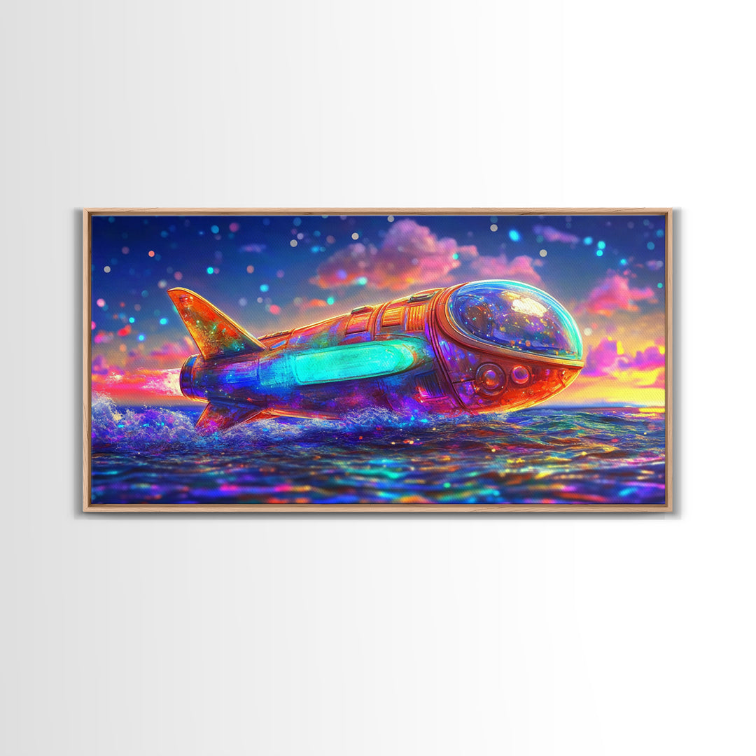 Rainbow Rocket Submarine Canvas Print, Futuristic Ocean Wall Art, Sci Fi Wall Decor, Space Lover Gift, Coastal Nursery Art