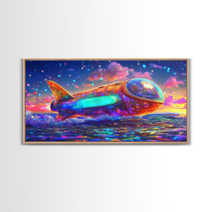 Rainbow Rocket Submarine Canvas Print, Futuristic Ocean Wall Art, Sci Fi Wall Decor, Space Lover Gift, Coastal Nursery Art