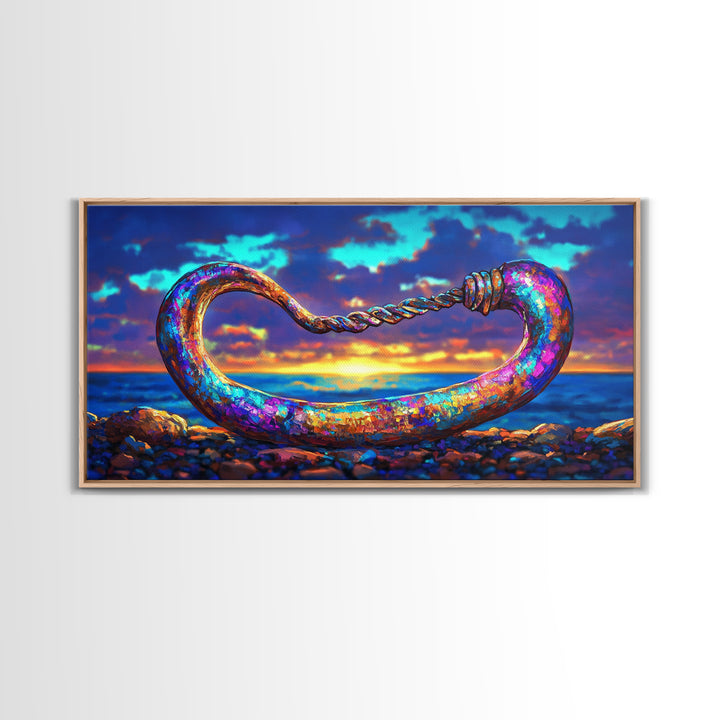 Iridescent Coastal Hook Framed Canvas Print, Nautical Wall Art, Ocean Wall Decor, Beach House Decor, Fisherman Gift, Seascape Art