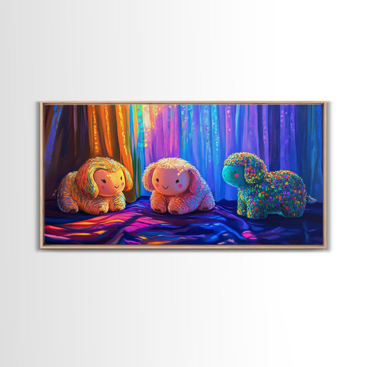 Smiling Plush Animals In Rainbow Curtain Glow Wall Art, Whimsical Animal Art, Nursery Decor, Kids Room Decor, Baby Gift, Cute Art
