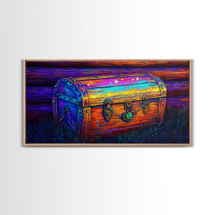 Rainbow Wooden Treasure Chest In Moonlit Grass Canvas Print, Fantasy Art, Whimsical Decor, Rustic Wall Art, Unique Gift, Home Decor