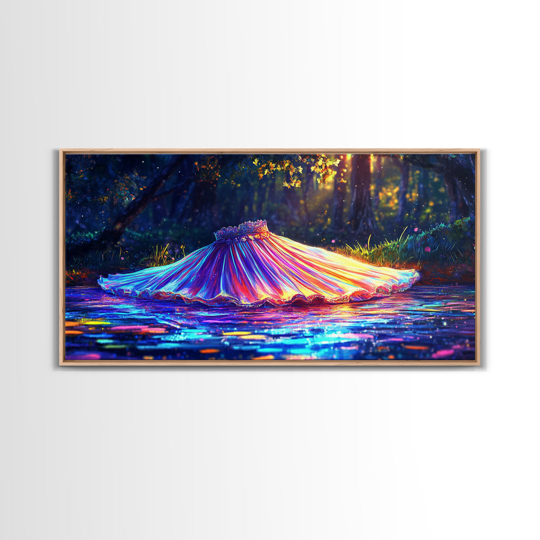 Iridescent Pleated Dress Floating In Forest Stream Wall Art, Fantasy Art, Whimsical Decor, Nature Wall Art, Statement Art