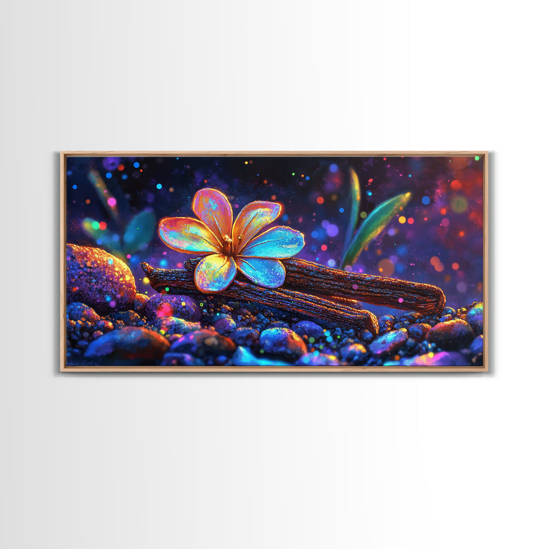 Glowing Flower On Driftwood Pebbles Framed Canvas Print, Nature Wall Art, Whimsical Decor, Botanical Art, Unique Gift, Home Decor