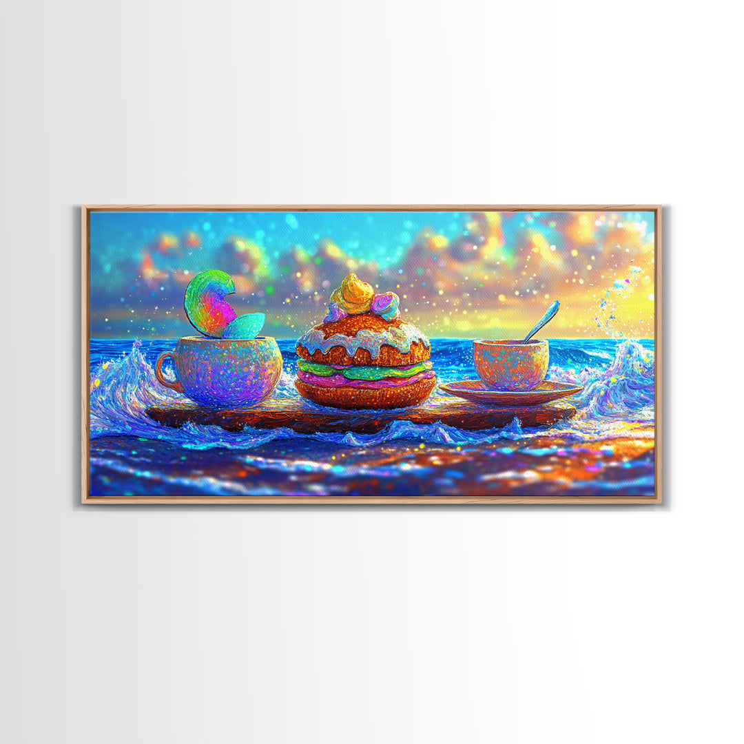 Whimsical Ocean Tea Cup And Macaron Canvas Print, Bakery Wall Art, Coastal Kitchen Decor, Dessert Art Gift For Her, Cafe Wall Decor