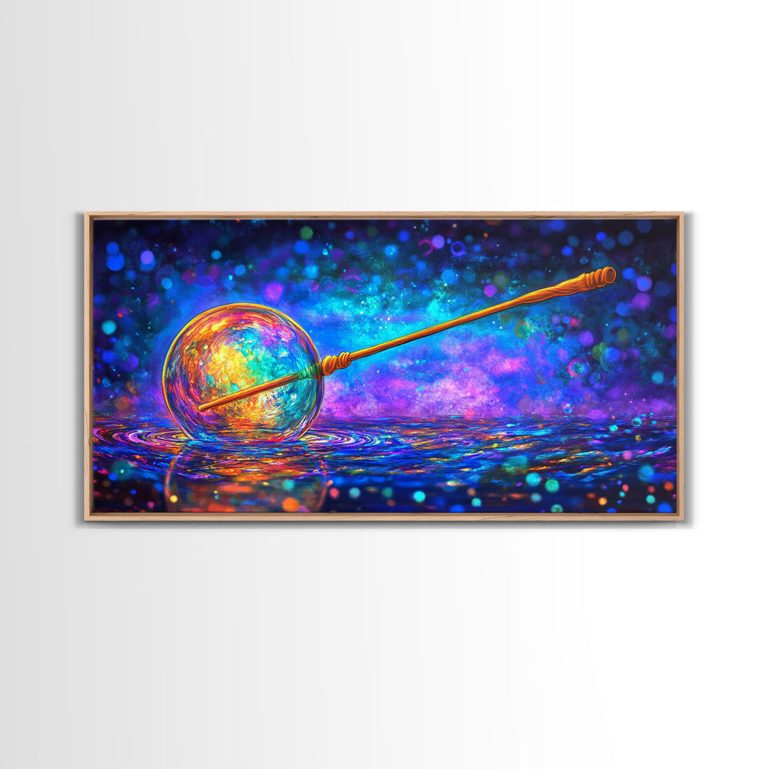Glowing Cosmic Orb And Golden Wand Canvas Print, Mystical Celestial Wall Art, Modern Fantasy Home Decor, Witchy Gift For Her